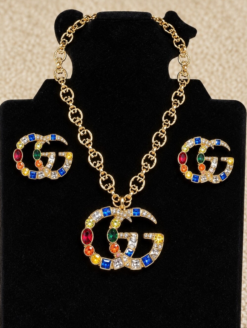 18kgp Gold-Tone Multicolor Crystal Pendant Necklace & Earrings Set
